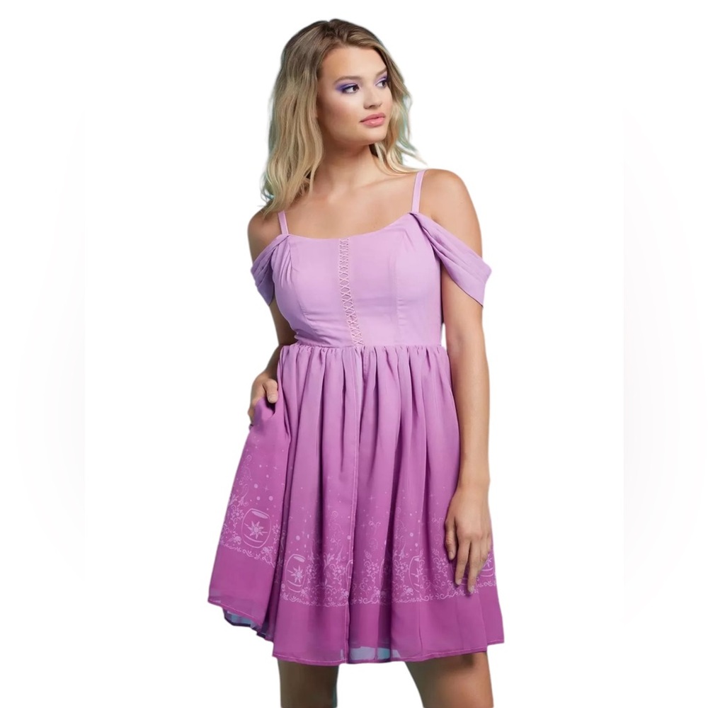 Disney Lavender Off-Shoulder Lace-Up Skater Dress - Picture 3 of 15